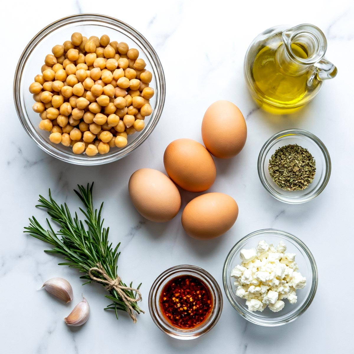 The ingredients for chickpea fried eggs include chickpeas, eggs, olive oil, rosemary, garlic, chili oil, dried herbs, and crumbled feta.
