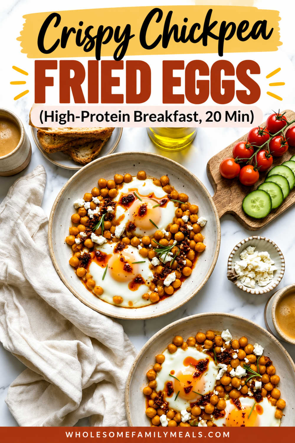 Two plates of crispy chickpea fried eggs are served with chili oil and feta on a white marble breakfast table.