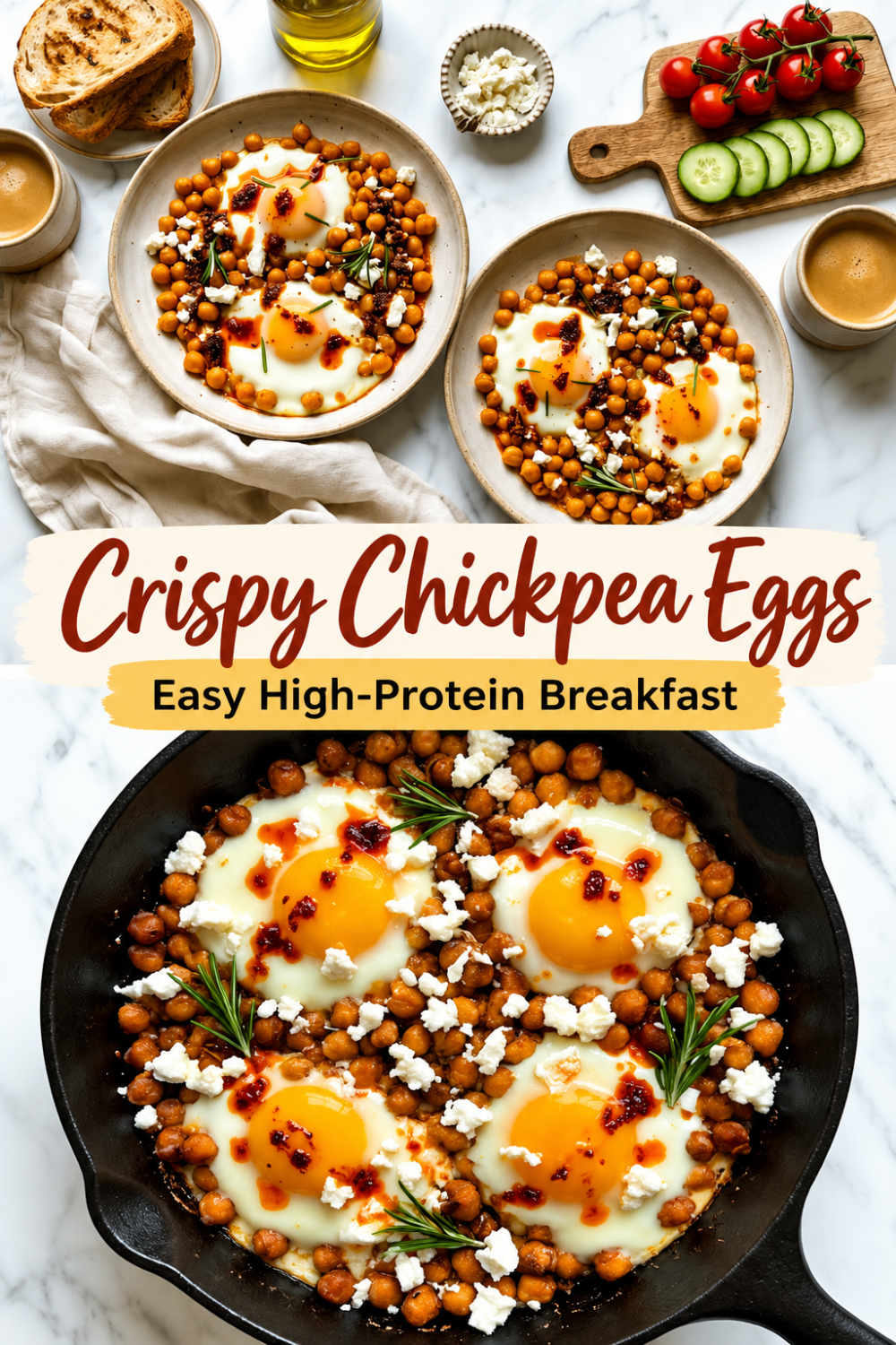 Crispy chickpea fried eggs are cooked in a cast iron skillet and topped with chili oil, feta, and rosemary.