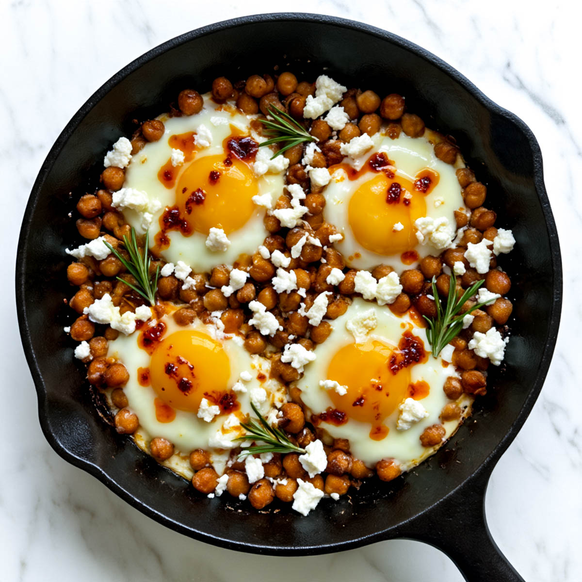 Golden chickpeas are crisping in a cast iron skillet with rosemary and garlic as the base for chickpea fried eggs.