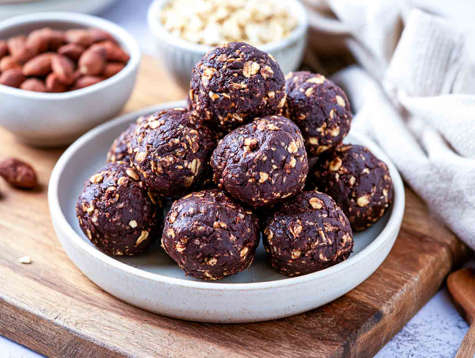 Chocolate brownie oat high-protein energy balls with chopped hazelnuts and dark chocolate chunks on a white plate.