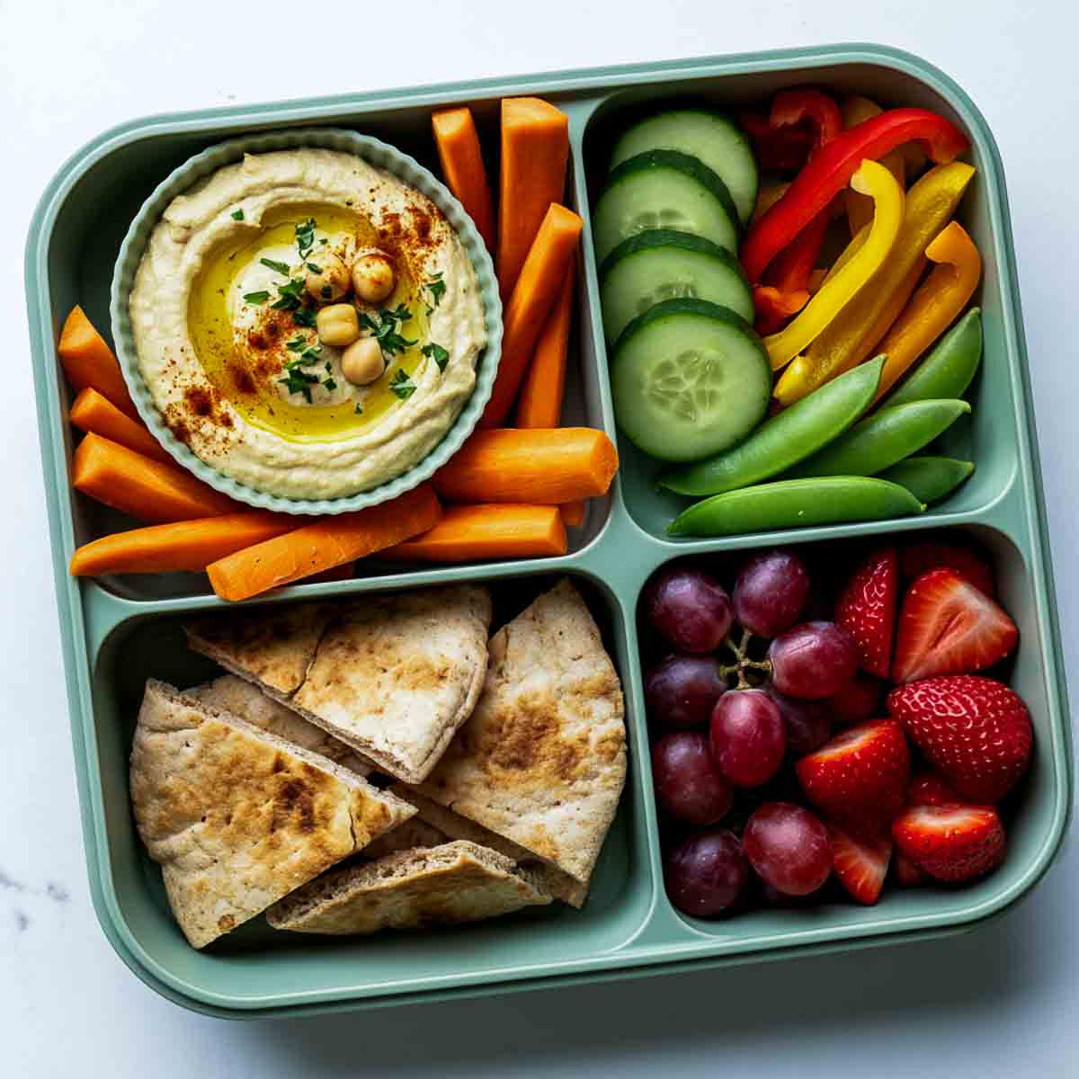 Green lunchbox with hummus, carrot sticks, cucumber slices, bell pepper strips, sugar snap peas, pita wedges, and strawberries and grapes.