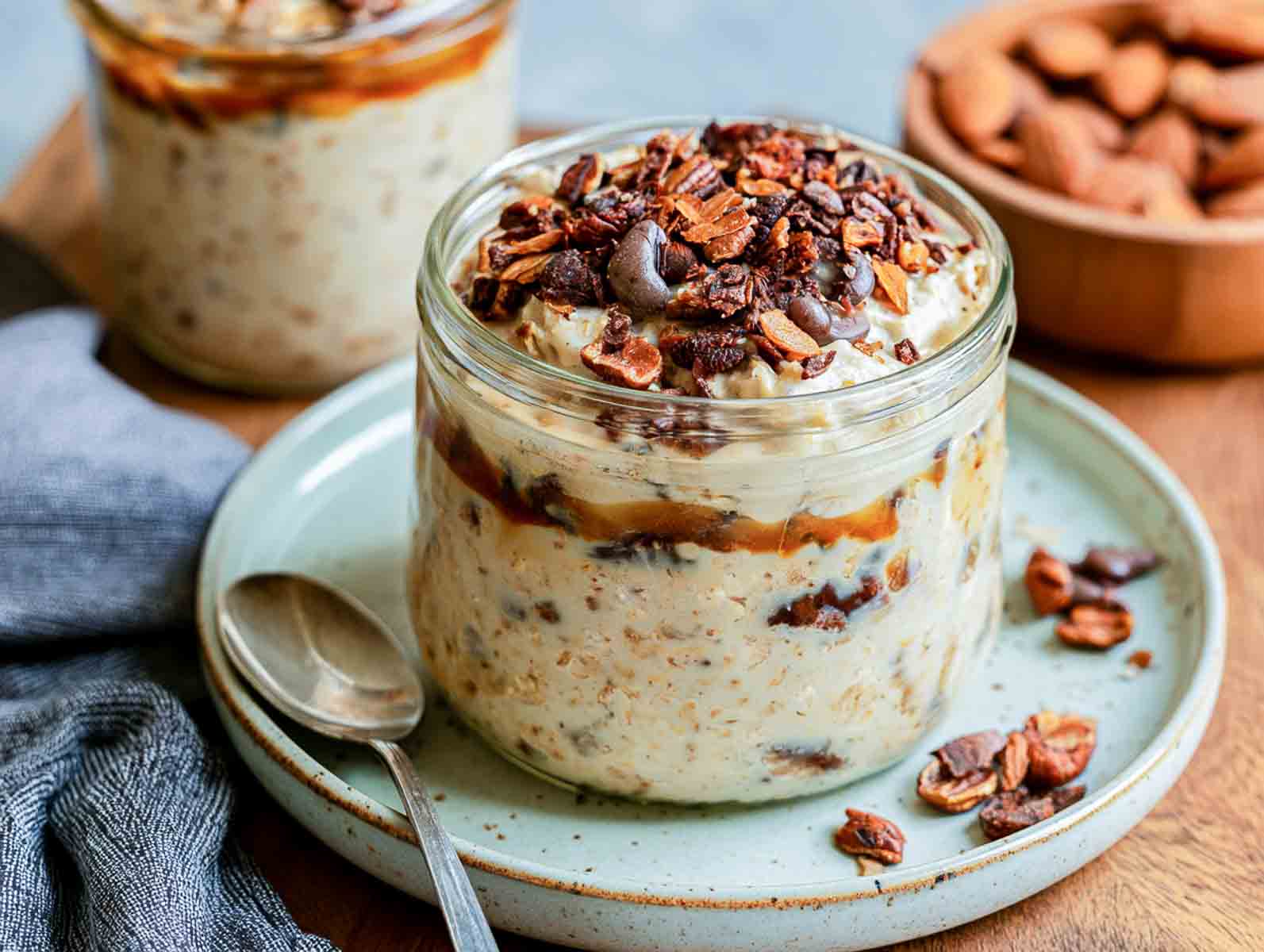 Coffee kefir overnight oats in a glass jar with an almond butter swirl, topped with chopped chocolate and almonds.