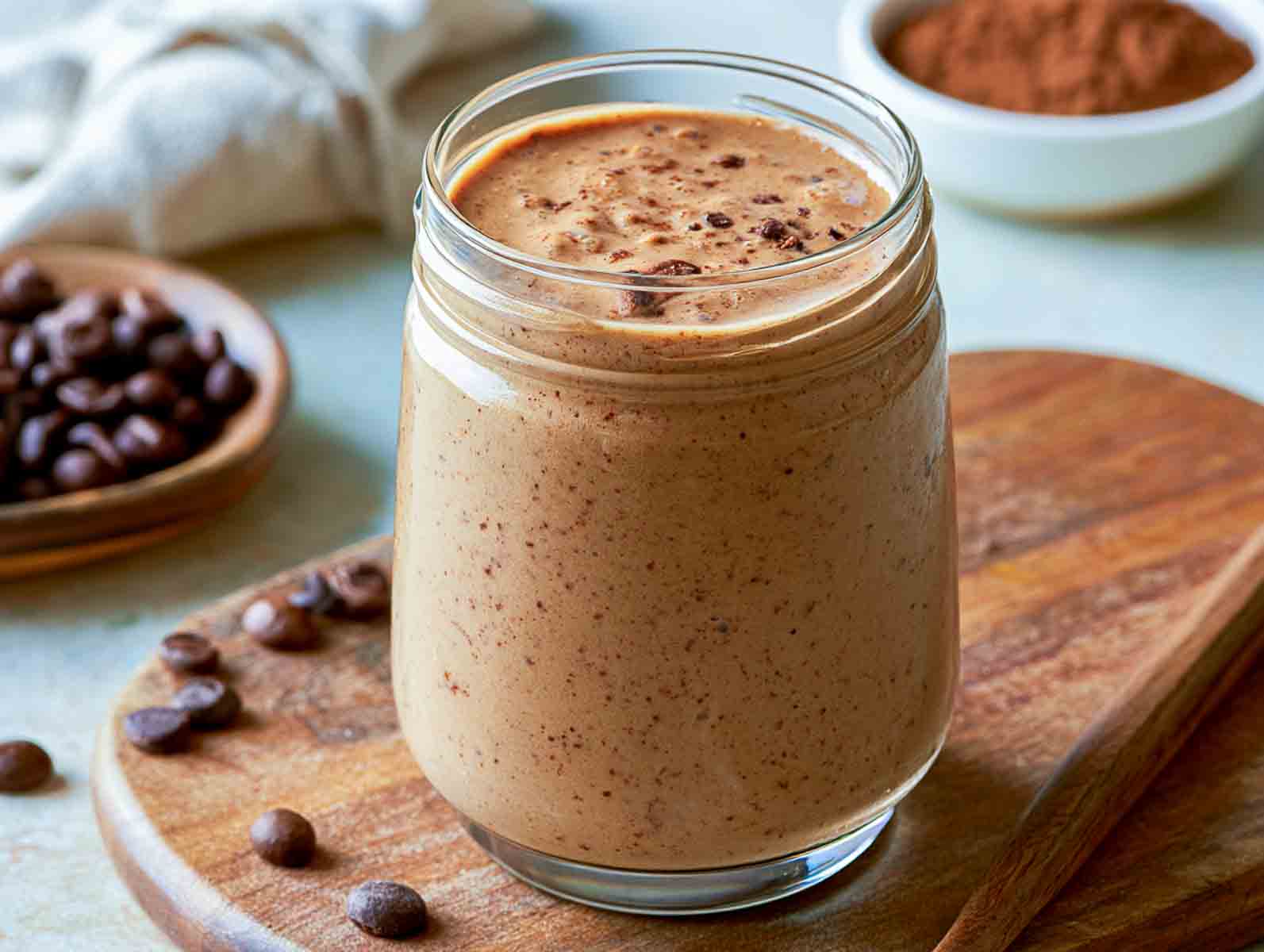 Coffee kefir smoothie in a glass jar dusted with cocoa, with coffee beans and cocoa powder alongside.