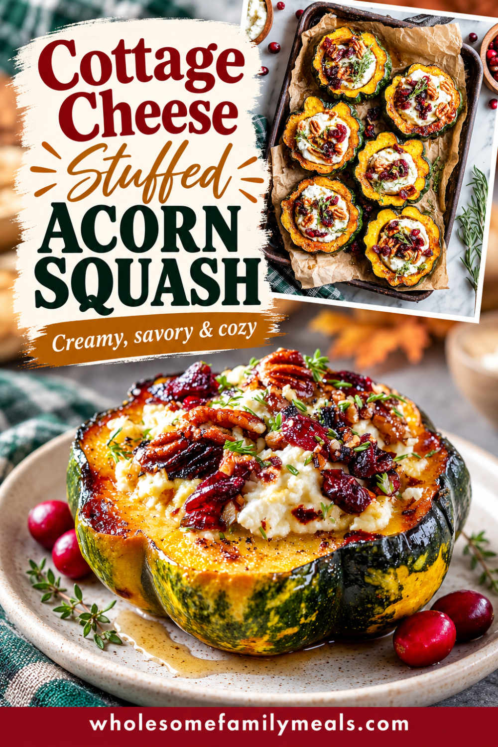 Cottage cheese stuffed acorn squash on a plate with a tray of six filled squash halves inset beside the title.