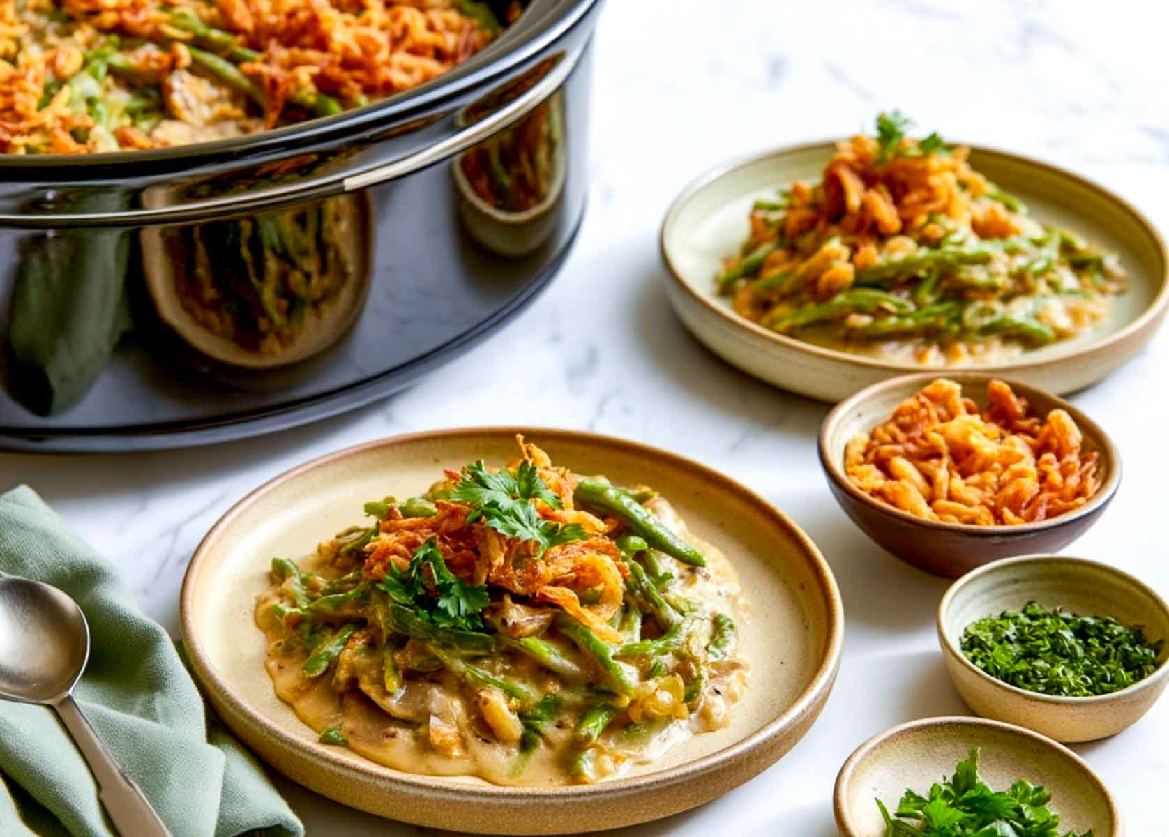 Creamy green bean casserole topped with crispy fried onions, served on a beige plate beside a black slow cooker and a bowl of extra onions.