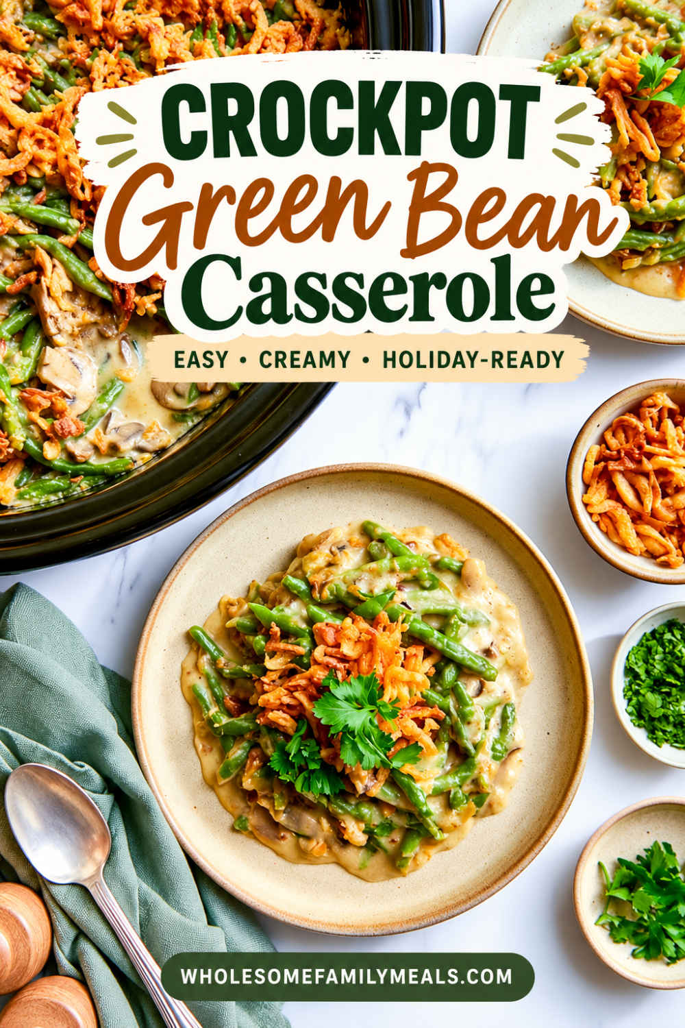Crockpot green bean casserole in a black slow cooker with a serving plate, crispy onions and fresh parsley.