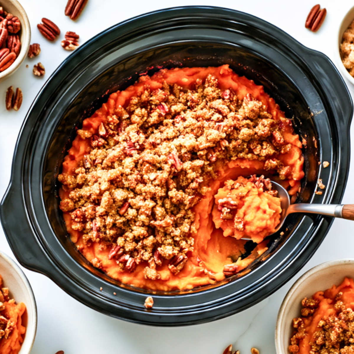 Crockpot sweet potato casserole in a black slow cooker insert.