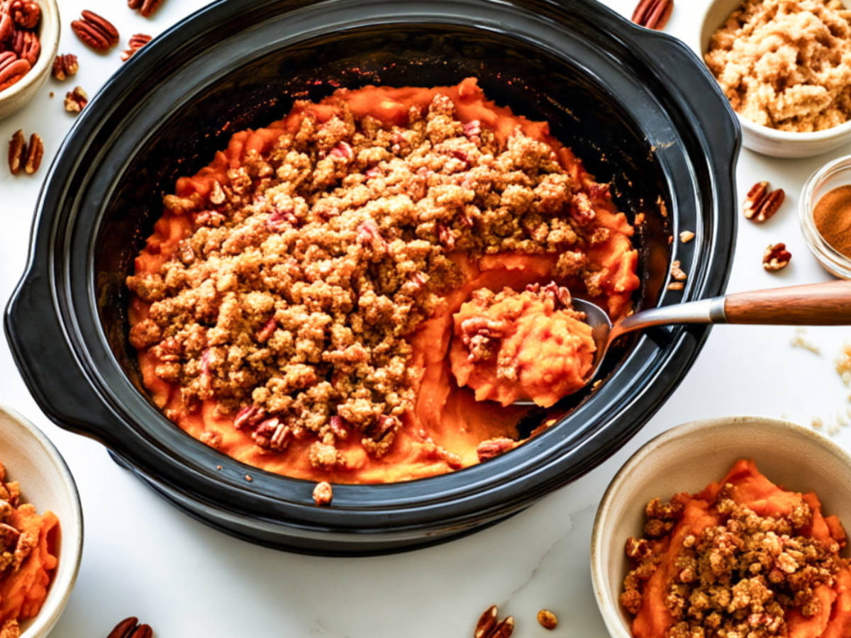 Crockpot sweet potato casserole in a black slow cooker insert with pecan streusel topping and a wooden spoon lifting a scoop.