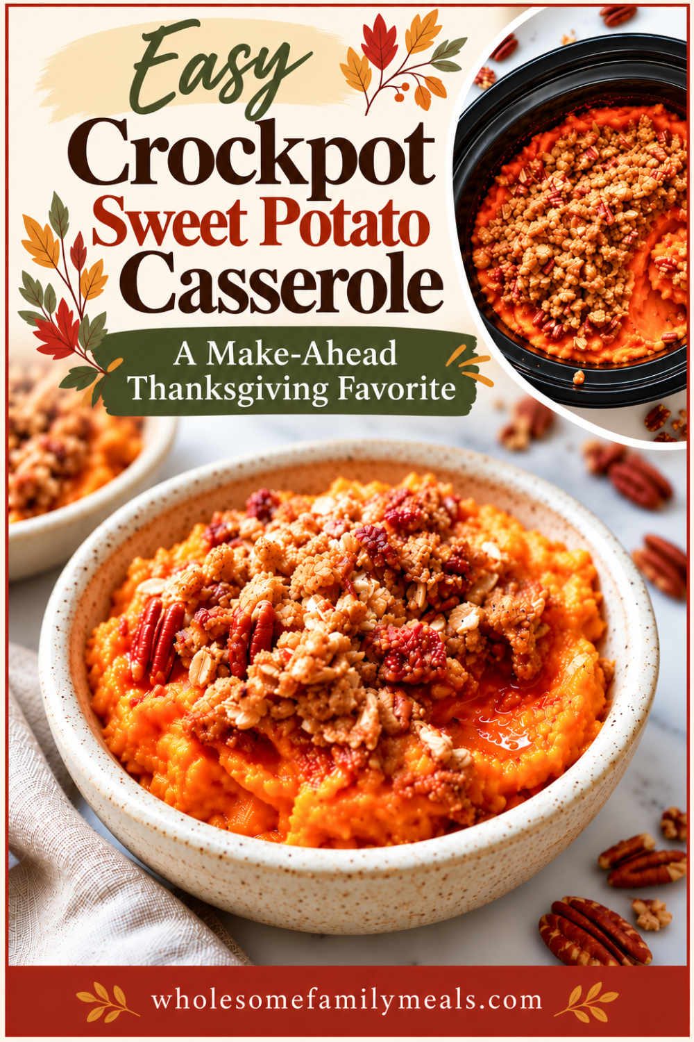 Pinterest pin for easy crockpot sweet potato casserole with a bowl of mashed sweet potato and pecan streusel and a slow cooker in the corner.