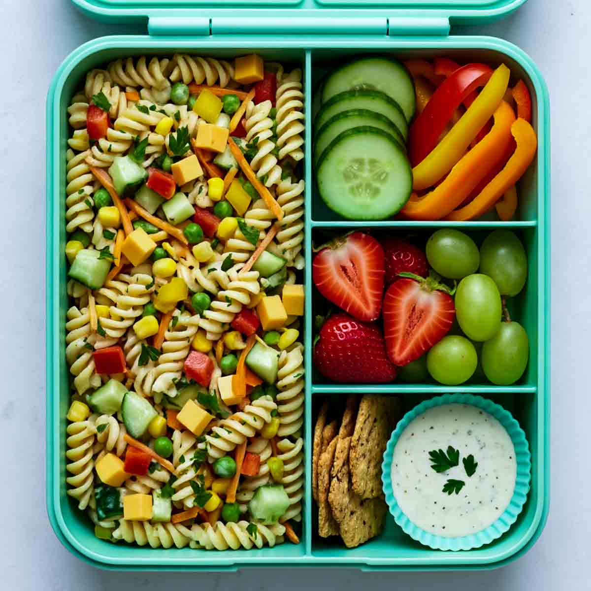 Turquoise lunchbox filled with crunchy vegetable ranch pasta salad, cucumber and bell pepper strips, strawberries and green grapes, crackers, and ranch dip.