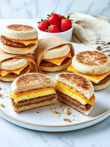 Freezer breakfast sandwiches with cottage cheese eggs, turkey sausage, and cheddar on English muffins, arranged on a white plate with two cut in half.