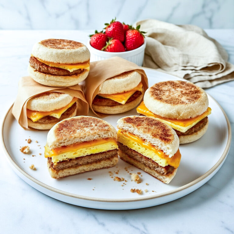 Freezer breakfast sandwiches with cottage cheese eggs, turkey sausage, and cheddar on English muffins, arranged on a white plate with two cut in half.