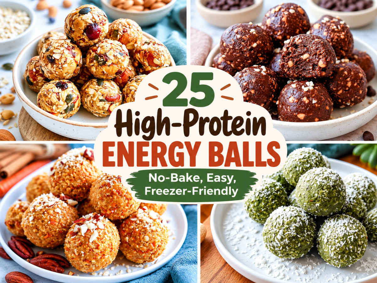 Four-panel collage showing bowls of oat-and-nut energy balls, chocolate energy balls, golden nut-and-oat energy balls, and green coconut-coated energy balls on a light food photography background.