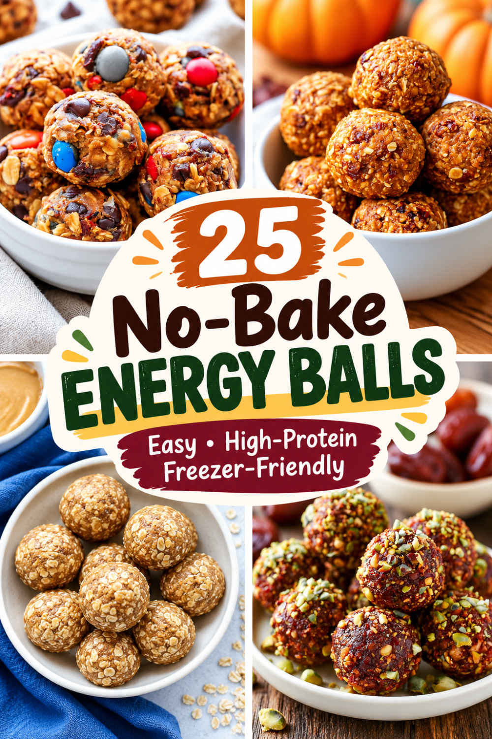 Pinterest image of four-panel collage featuring colorful chocolate chip energy balls, golden pumpkin-spice energy balls, peanut butter oat balls, and dark pistachio-coated energy balls, with a central “25 No-Bake Energy Balls” graphic.