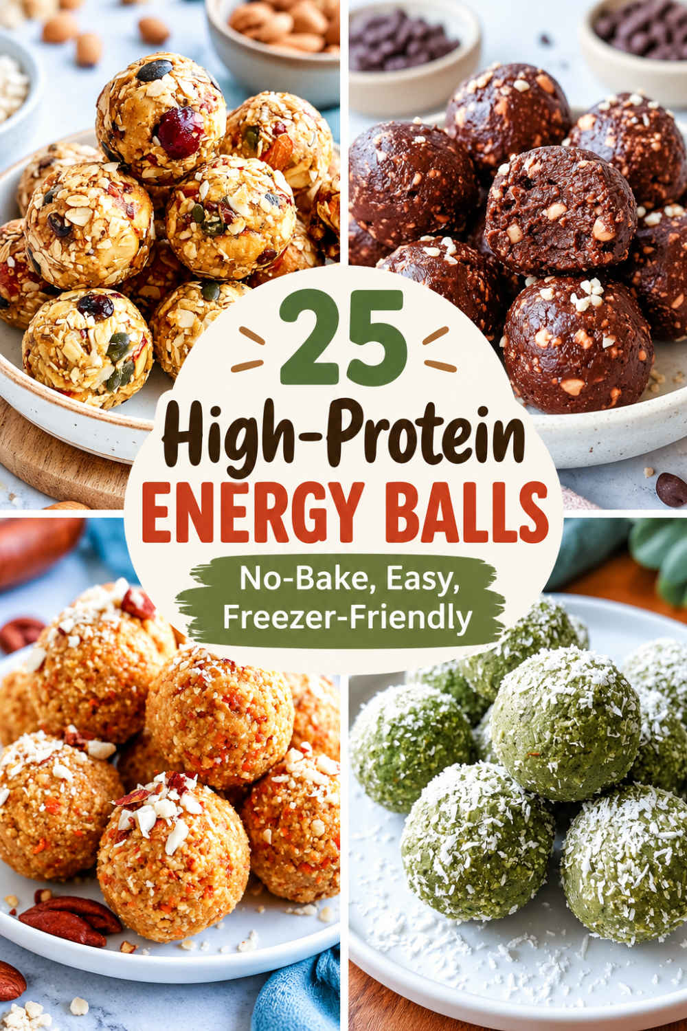 Four-panel food collage showing cranberry and nut energy balls, chocolate energy balls, orange-colored nut energy balls, and green coconut-coated energy balls arranged in bowls.