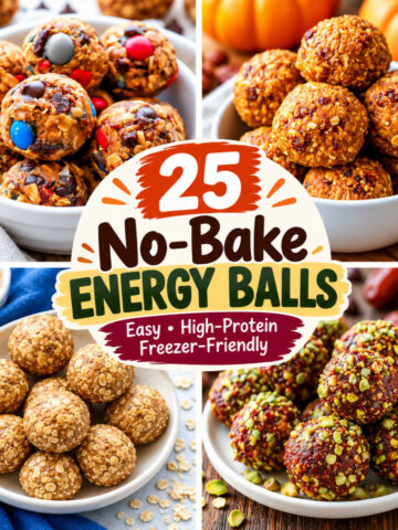 Square four-panel collage featuring colorful chocolate chip energy balls, golden pumpkin-spice energy balls, peanut butter oat balls, and dark pistachio-coated energy balls, with a central 