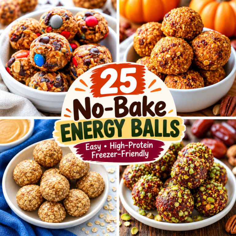 Square four-panel collage featuring colorful chocolate chip energy balls, golden pumpkin-spice energy balls, peanut butter oat balls, and dark pistachio-coated energy balls, with a central “25 No-Bake Energy Balls” graphic.