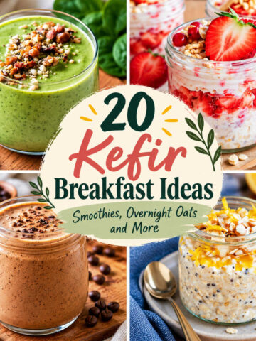 Collage of kefir breakfast ideas including a green smoothie, strawberry overnight oats, coffee smoothie, and lemon overnight oats.