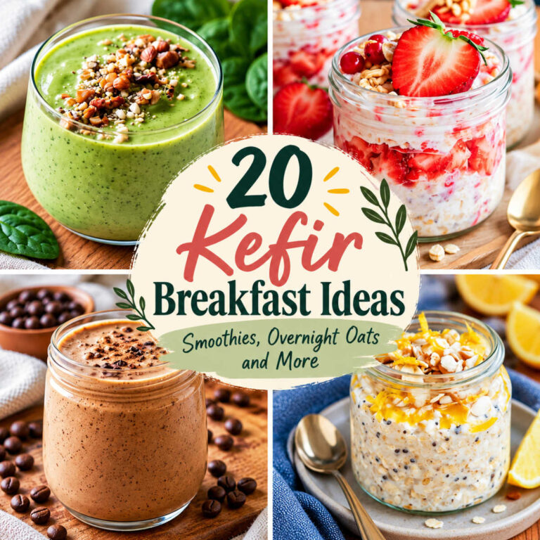 Collage of kefir breakfast ideas including a green smoothie, strawberry overnight oats, coffee smoothie, and lemon overnight oats.