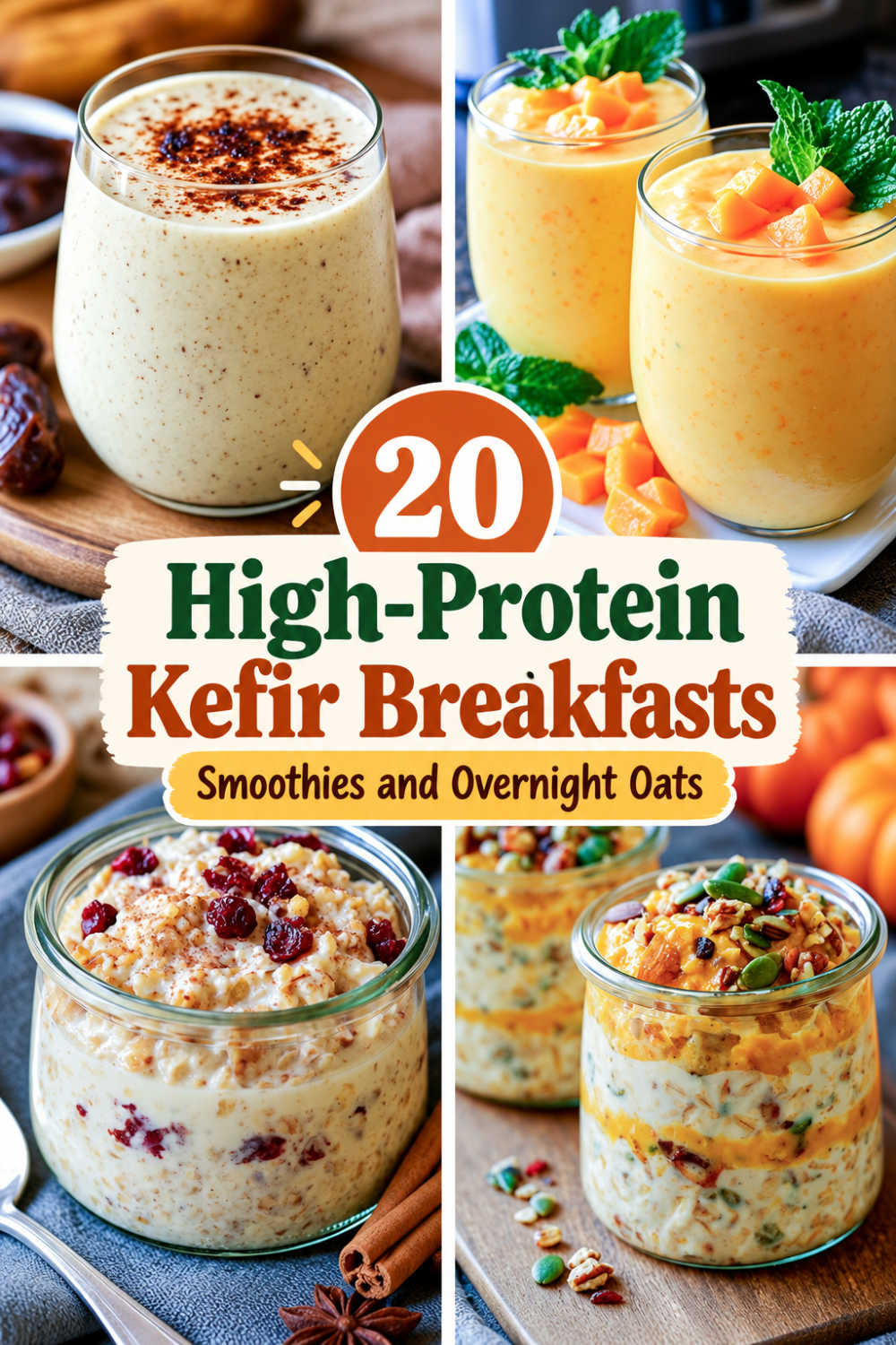 Vertical collage of high-protein kefir breakfasts with a date smoothie, mango smoothies, cranberry overnight oats, and pumpkin overnight oats.