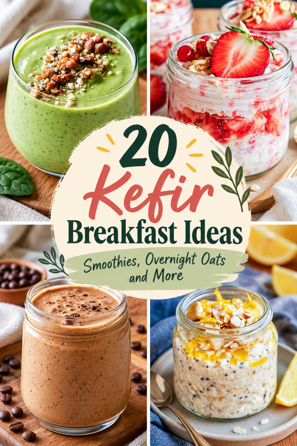 Pinterest collage of kefir breakfast ideas including a green smoothie, strawberry overnight oats, coffee smoothie, and lemon overnight oats.