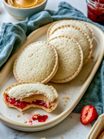 Homemade uncrustables arranged on a cream-colored platter with one sandwich cut open to show peanut butter and strawberry jam, surrounded by fresh strawberries and a green linen napkin.