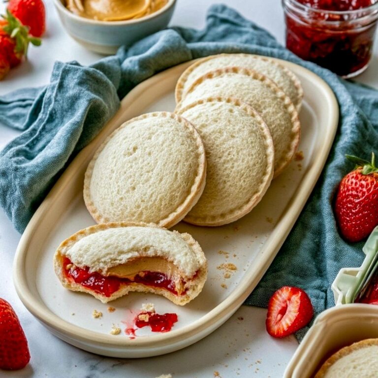 Homemade uncrustables arranged on a cream-colored platter with one sandwich cut open to show peanut butter and strawberry jam, surrounded by fresh strawberries and a green linen napkin.