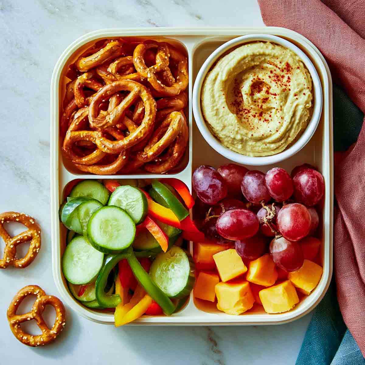 Hummus and pretzel snack box with cucumber, bell peppers, grapes, and cheese cubes.