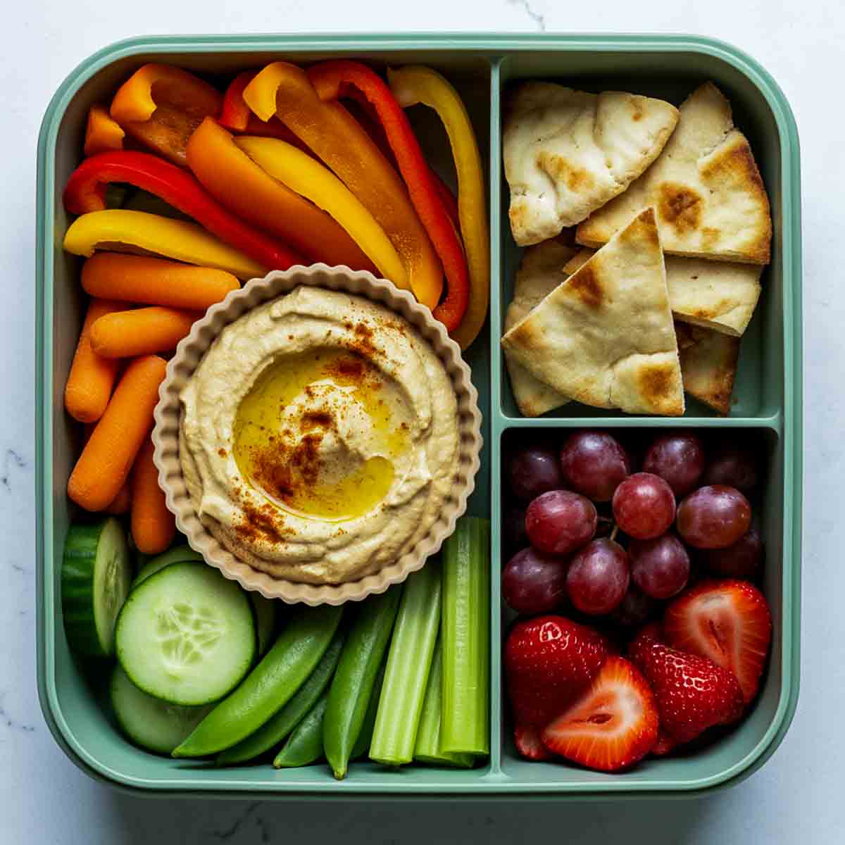 Green lunchbox with hummus surrounded by carrot sticks, cucumber slices, snap peas, and celery, with pita chips, red grapes, and strawberries.