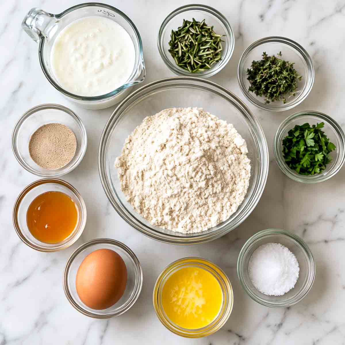 Bread flour, kefir, yeast, honey, egg, melted butter, and chopped rosemary, thyme, and parsley in glass bowls.