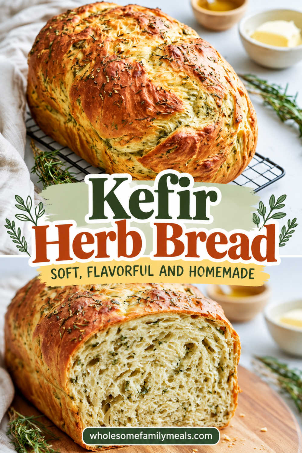Pinterest graphic featuring a golden kefir herb bread loaf with the text “Kefir Herb Bread: Soft, Flavorful and Homemade.”