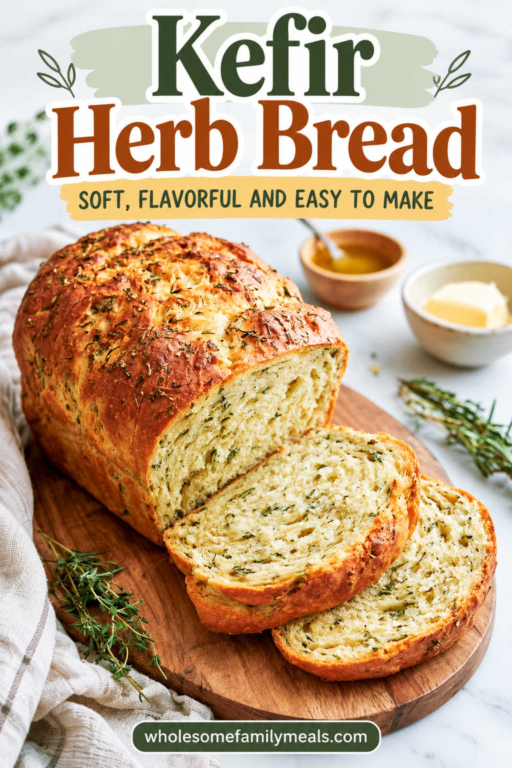 Pinterest graphic featuring sliced kefir herb bread with the text “Kefir Herb Bread: Soft, Flavorful and Easy to Make.”