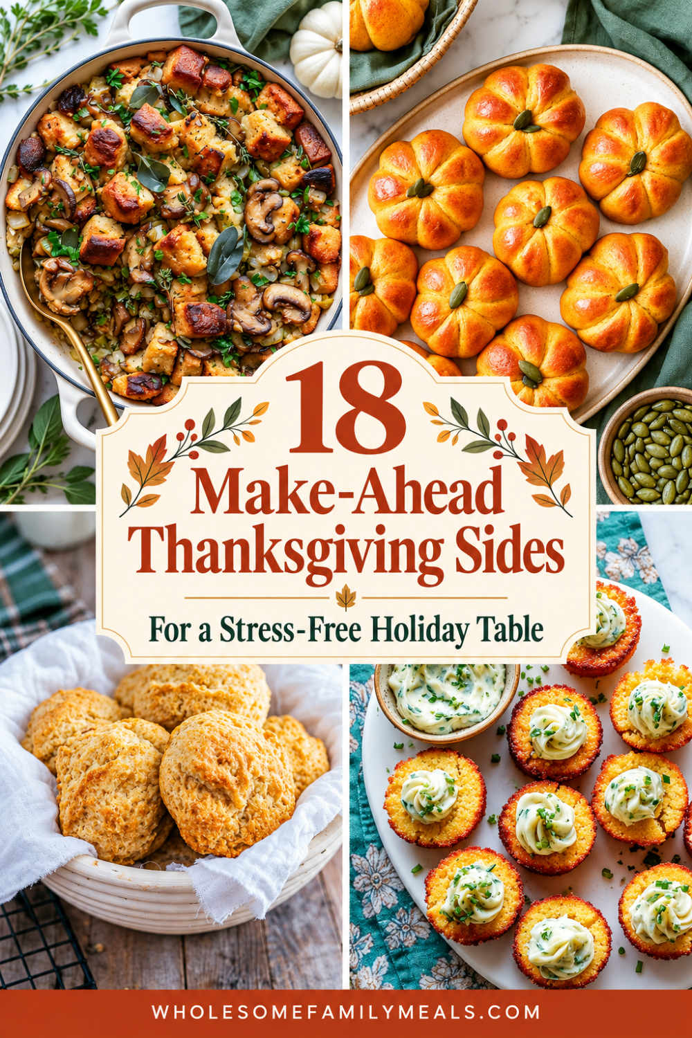 Pinterest pin featuring stuffing, pumpkin-shaped dinner rolls, biscuits, and cornbread muffins with herbed butter, titled “18 Make-Ahead Thanksgiving Sides for a Stress-Free Holiday Table.”