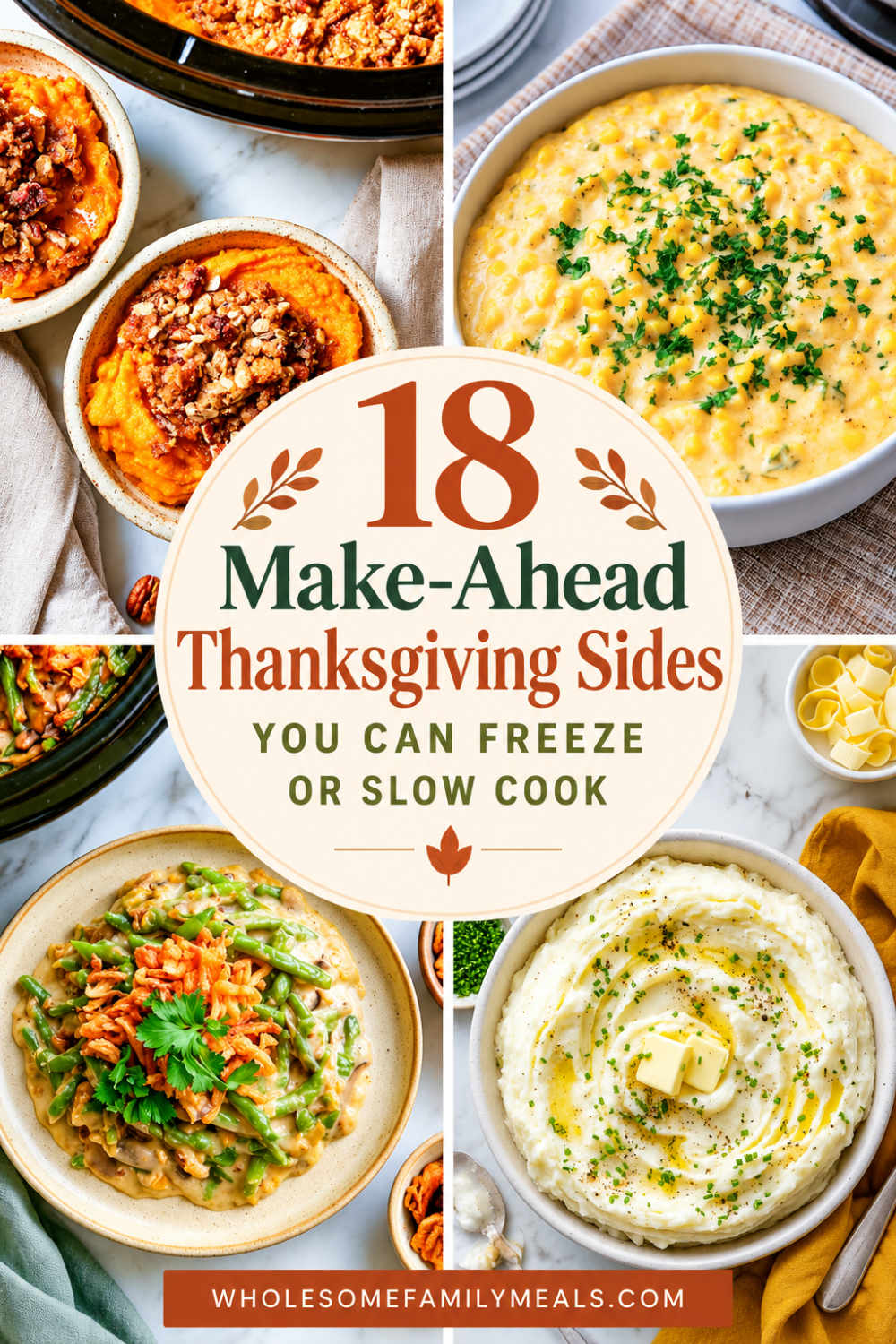 Pinterest pin featuring sweet potato casserole, creamy corn, green bean casserole, and mashed potatoes, titled “18 Make-Ahead Thanksgiving Sides You Can Freeze or Slow Cook.”