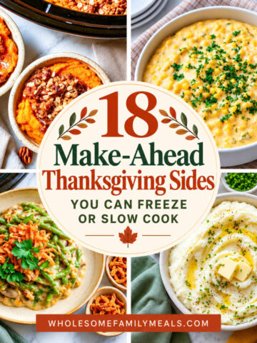 Square Thanksgiving recipe collage featuring sweet potato casserole, creamy corn, green bean casserole, and buttery mashed potatoes, with the text
