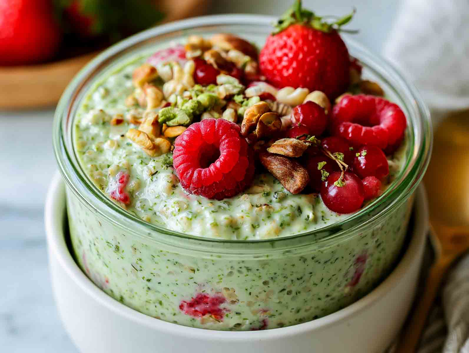 Green matcha kefir overnight oats topped with raspberries, strawberries, walnuts, and pistachios.