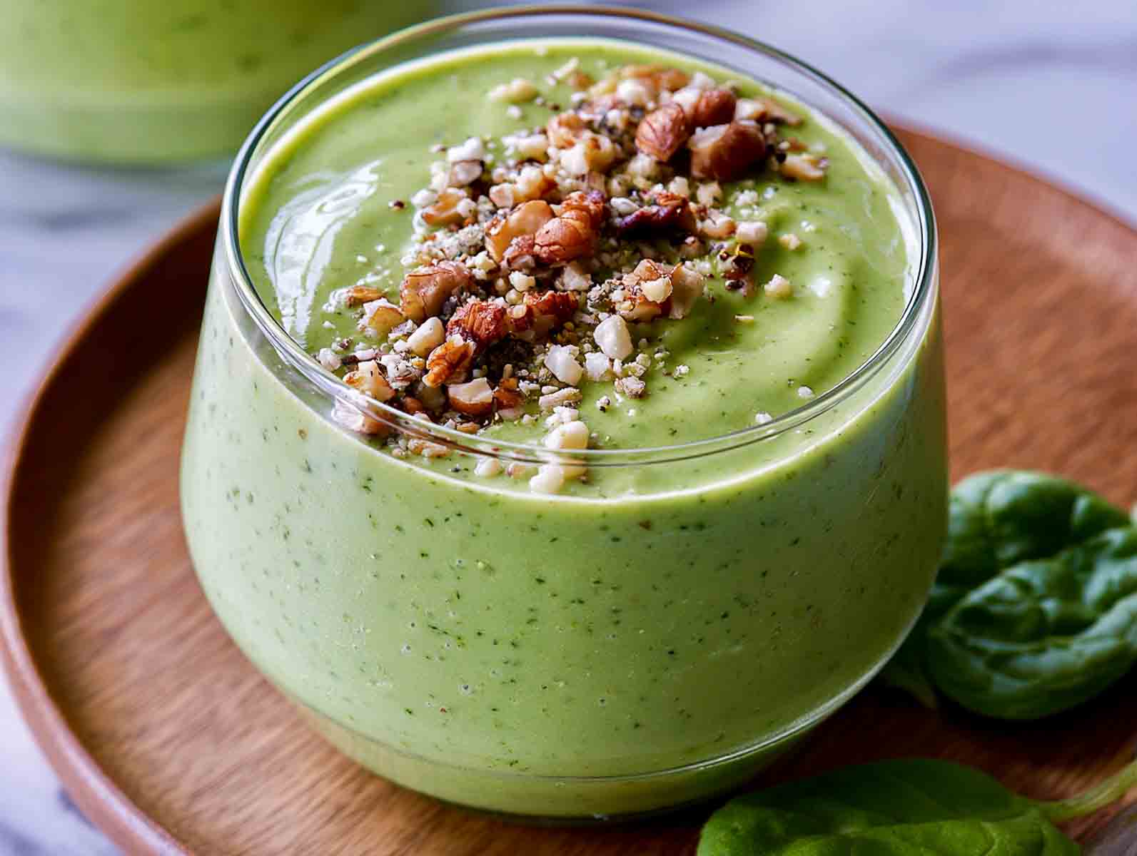 Green matcha spinach kefir smoothie in a glass topped with chopped pecans and hemp seeds, with fresh spinach alongside.