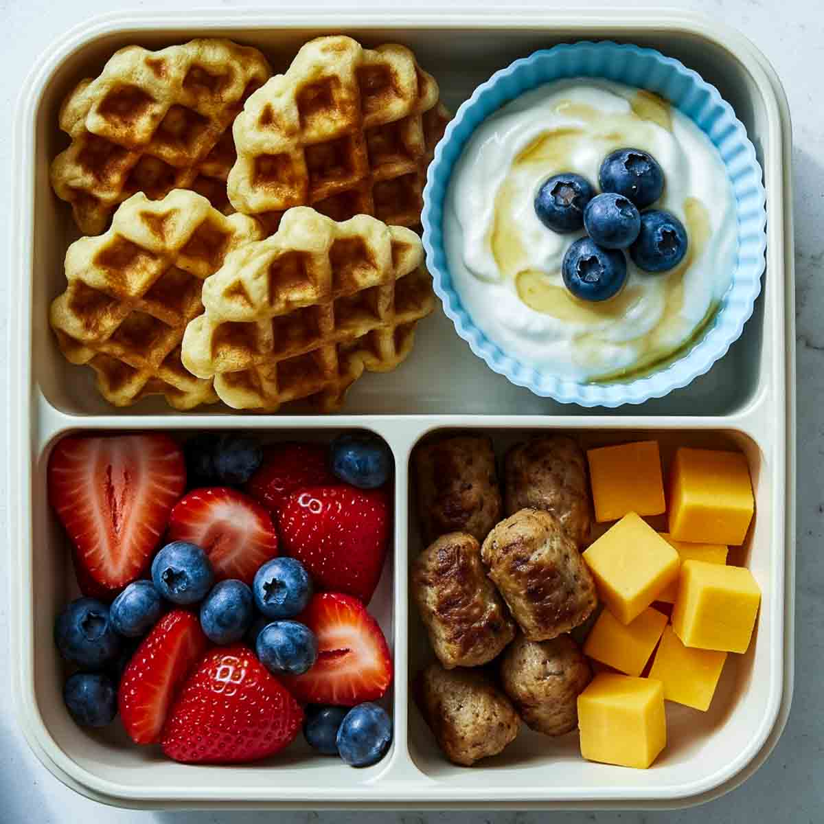 Bento lunchbox with mini waffles and blueberry yogurt dip, fresh strawberries and blueberries, and turkey sausage bites with cheddar cheese cubes.
