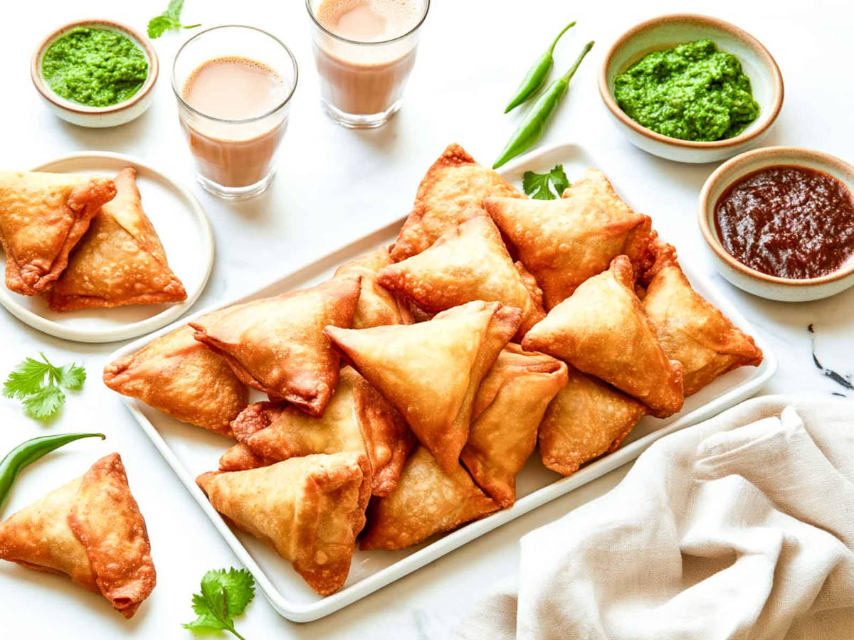 Several crisp golden samosas are stacked on a white rectangular platter, with two glasses of chai, bowls of green and tamarind chutney, and fresh green chilies surrounding the platter.