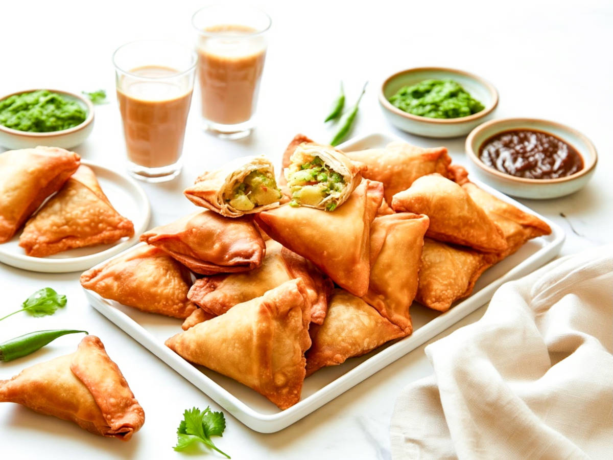 A pile of fried samosas sits on a white rectangular platter, with one samosa cut open to reveal the potato, pea, and herb filling inside.