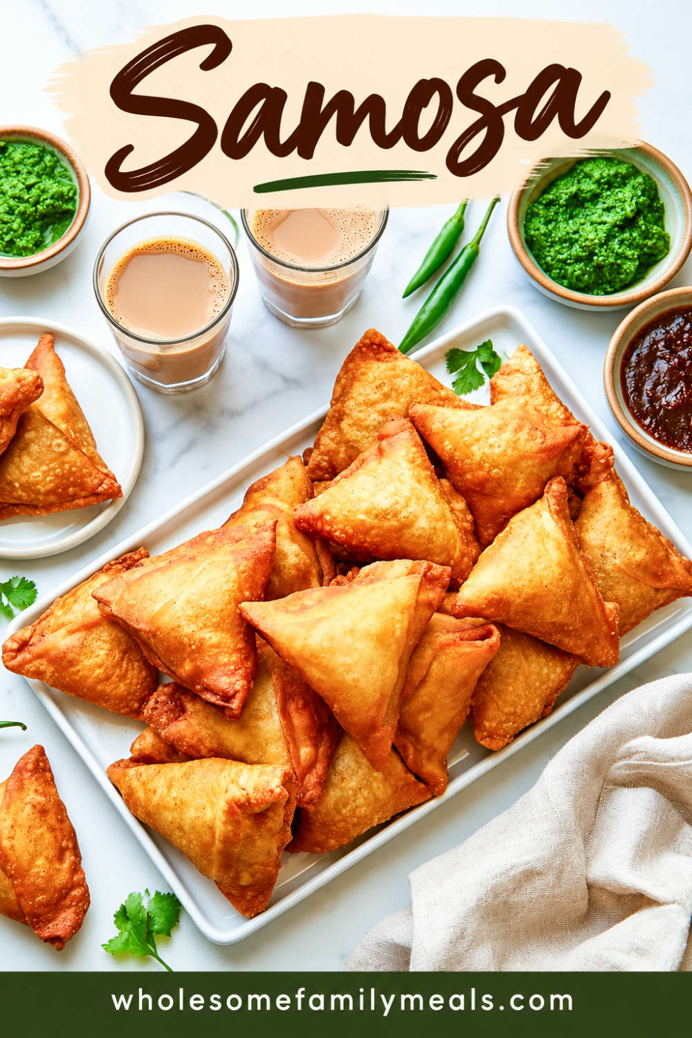 A white platter of crispy homemade samosas with green chutney, tamarind chutney, and masala chai.