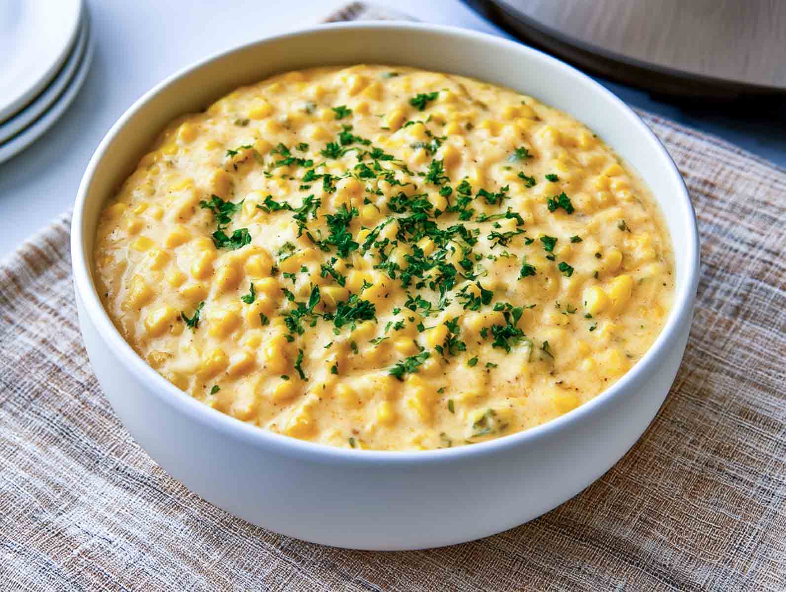 Slow cooker creamed corn in a white bowl topped with chopped parsley, with the slow cooker behind it.