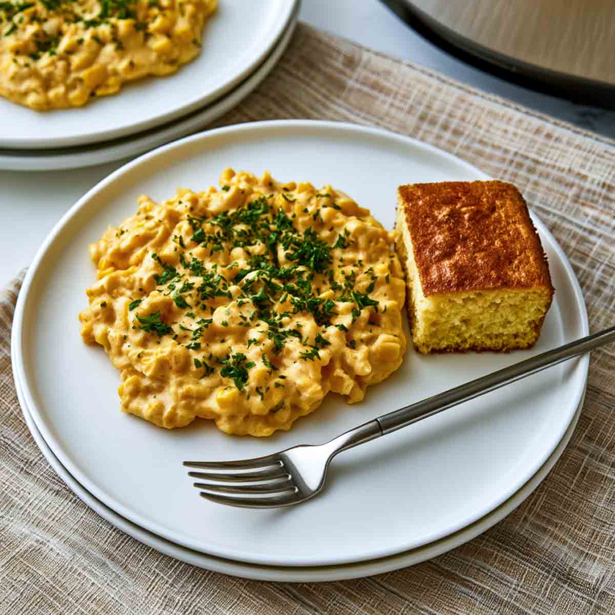 Plate of creamed corn with chopped parsley next to a square of golden cornbread and a fork.