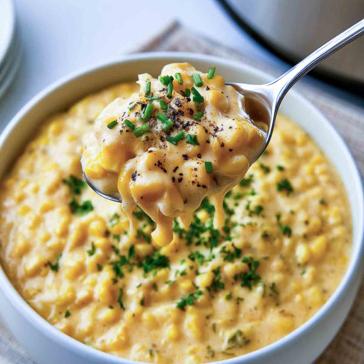 Close-up of creamy slow cooker creamed corn with a spoonful lifted to show the thick texture and corn kernels.