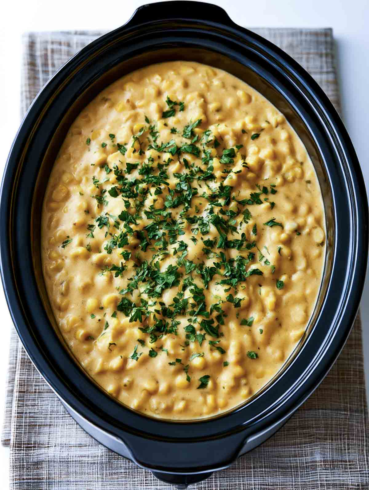 Overhead view of crockpot cream corn in a black oval slow cooker insert, garnished with chopped parsley.