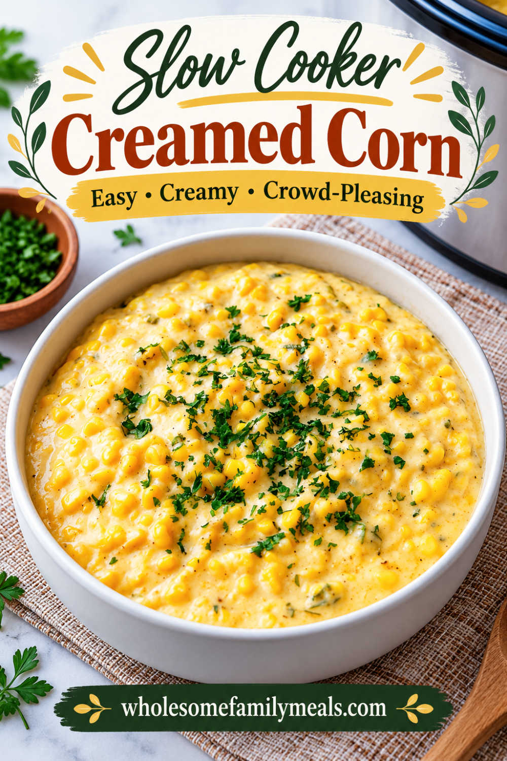 Pinterest graphic featuring a bowl of slow cooker creamed corn with text reading “Slow Cooker Creamed Corn.”