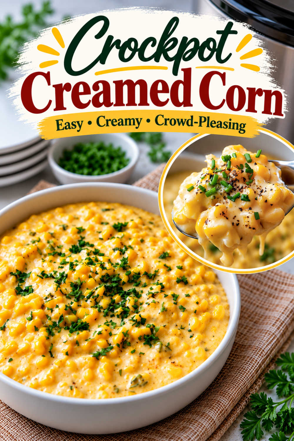 Pinterest graphic featuring slow cooker creamed corn with a close-up spoonful and text reading “Crockpot Creamed Corn.”