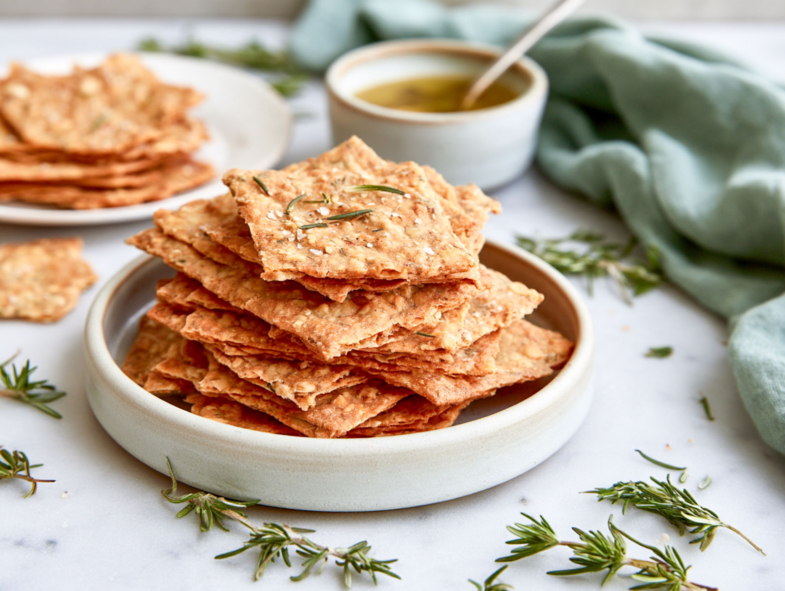 Golden-brown sourdough crackers stacked on a ceramic plate with rosemary, a small bowl of olive oil, and a green linen napkin on white marble.