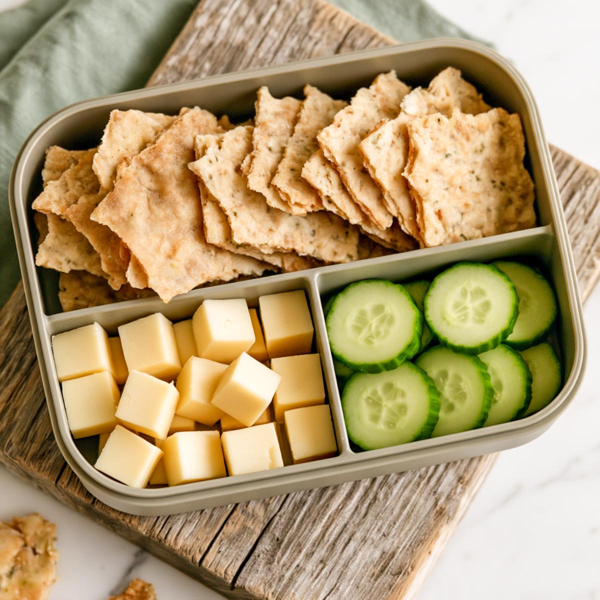 Close-up of golden-brown sourdough crackers stacked in a lunchbox with cheese cubes and sliced cucumber.